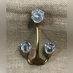 Vintage Brass Wall Mount Double Arm 3 Hook Coat Hanger Faceted Glass Knobs